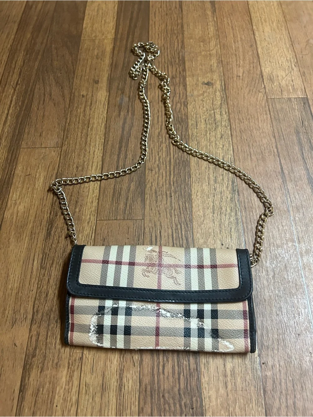 Burberry Classic Plaid Crossbody Wallet with Chain Strap - Beige/Black